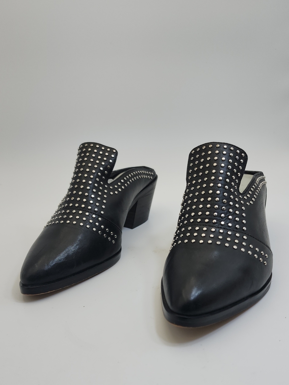 1.STATE "Lon" Black Leather Studded Pointed Toe Block Heel Mules Size 6